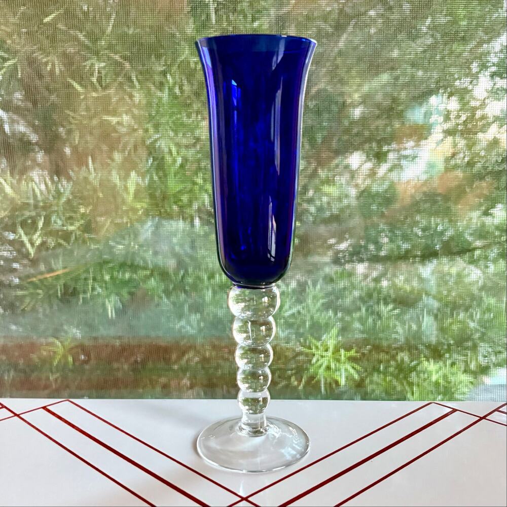 Vintage Cobalt Blue Champagne Flute Replacement Glass, Clear Bubble Stem, 9.5”